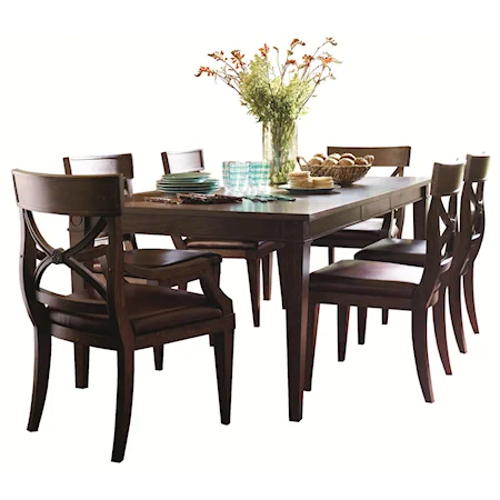 Six Person Leg Dining Table with Arm and Side Chairs and Dark Wood Finish